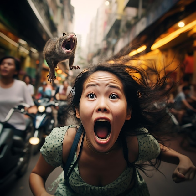 A woman behind The mouse runs straight into the camera