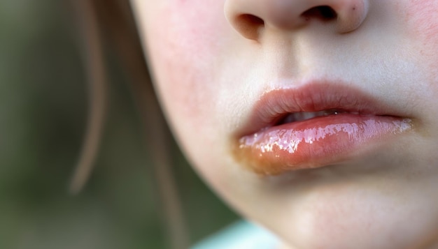 Photo woman mouth with cold sores on her lips and a skiing etching on the corner skin problem concept