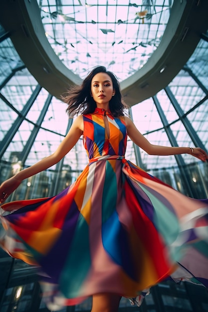 Woman in multicolored dress stands in front of circular window Generative AI