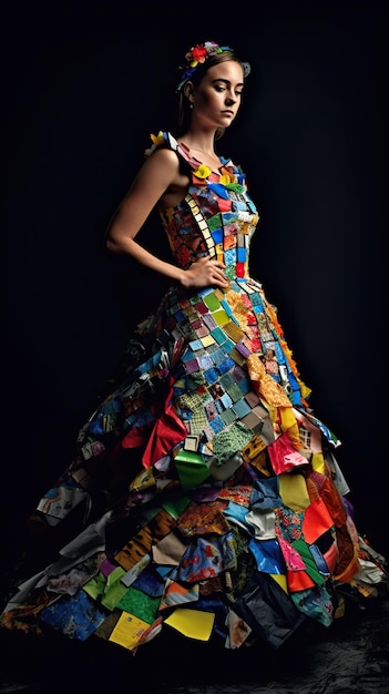 A woman in multicolored recycled plastic dress AI recycled costume idea