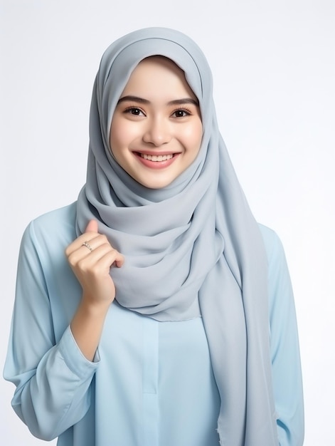 a woman muslim wearing a blue shirt