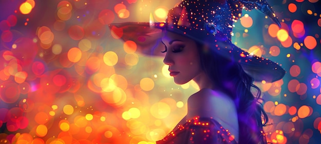 Photo woman in a mystical witch hat with sparkles in the background concept of fantasy halloween magic mysterious figure copy space