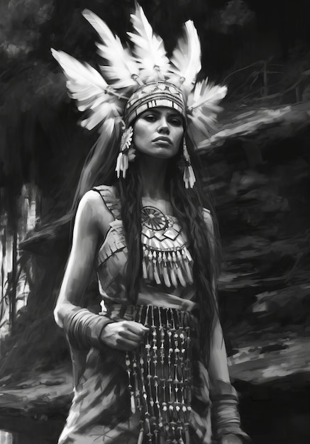 A woman in a native american costume stands in front of a stone wall