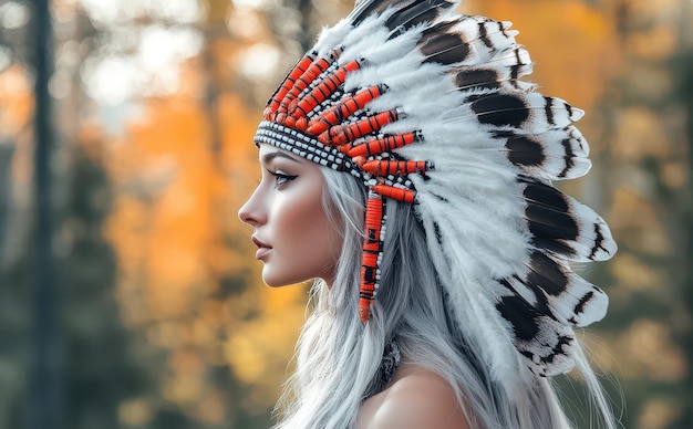 Photo a woman in a native headdress with feathers and a feathered headdress