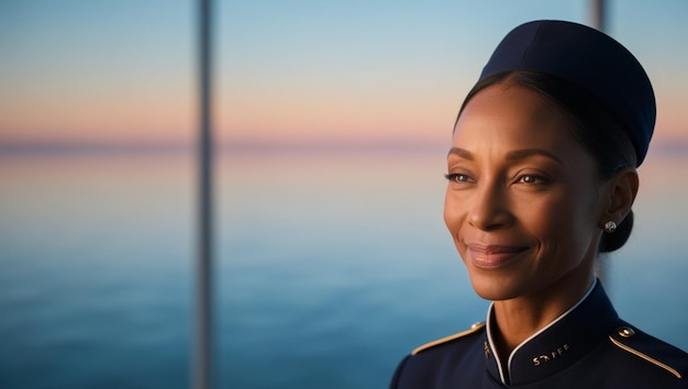 Photo a woman in a navy jacket is smiling with the ocean in the background