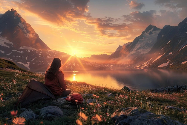 Photo woman near camp with sunset on mountain