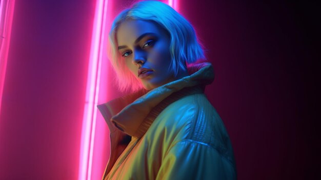 A woman in a neon light with the word neon on the front