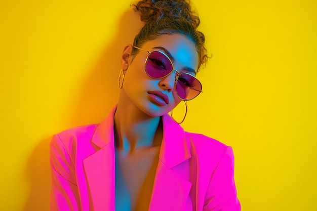 Photo woman neon pink blazer with solid neon yellow chic lifestyle portrait with vibrant neon fashion background for a trendy and elegant look