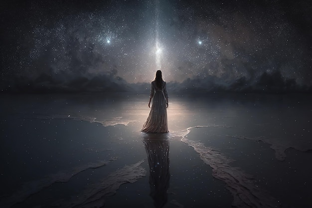 Woman in a nightgown walking on water with a starry sky Generative AI