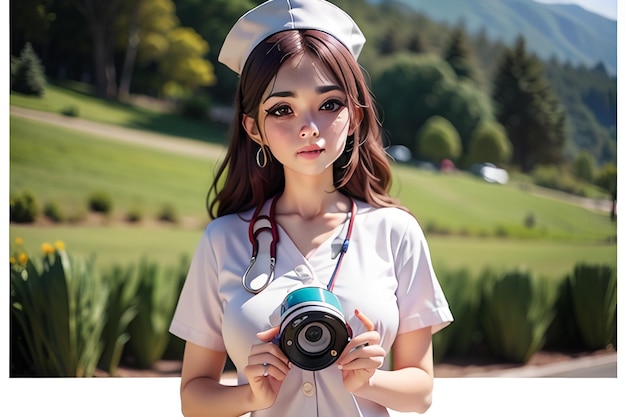 A woman in a nurse uniform holds a camera in front of a field.