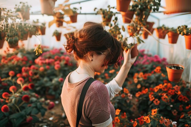 Photo woman nursing flowers woman nursing flowers in garden