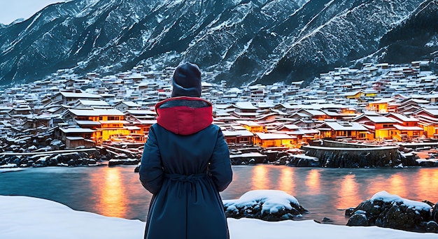 Woman observing a landscape snowy mountain generated ai