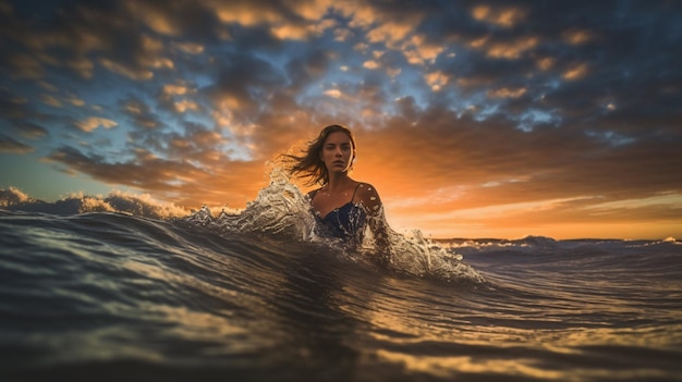 Woman in the ocean with huge waves summer sea vibes beautiful girl water surfing Generative AI