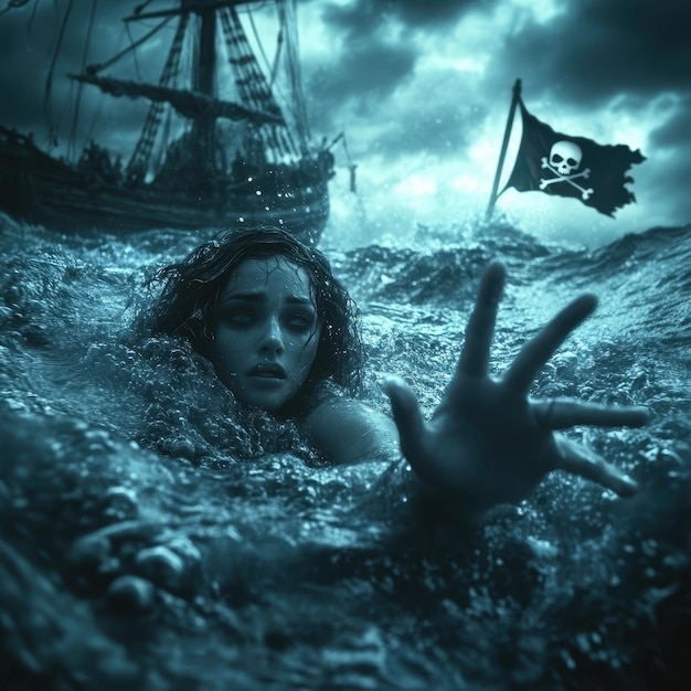 Photo a woman in the ocean with a skull and a skull on the side of her