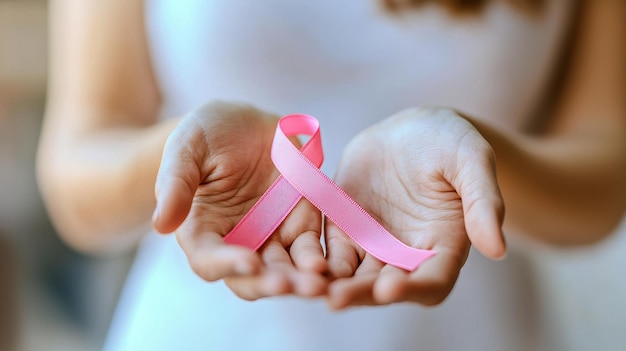 Woman Offering Pink Ribbon with Open Hands