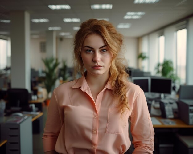 a woman in an office looking at the camera