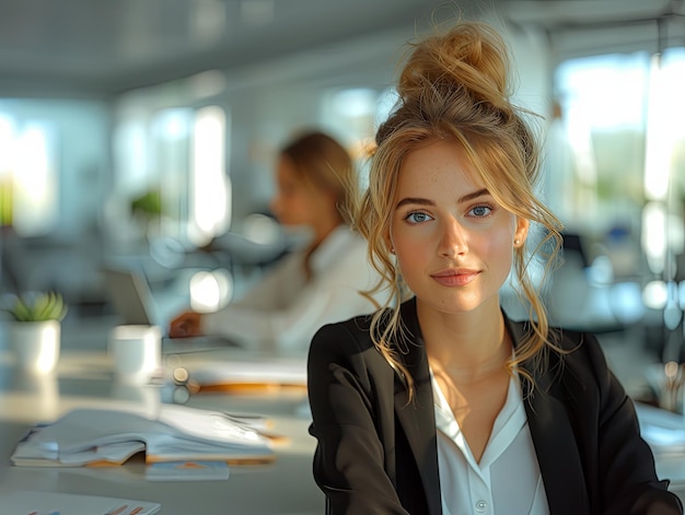 A woman office worker or accountant sitting at workplace and looking at camera