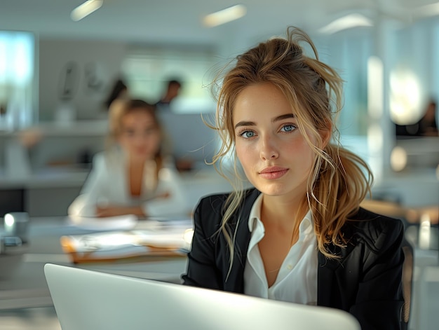 A woman office worker or accountant sitting at workplace and looking at camera