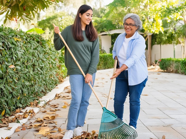 a woman and an older woman are cleaning a garden with a broom