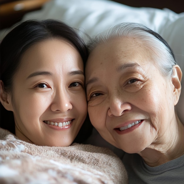 Photo a woman and an older woman are laying on a bed