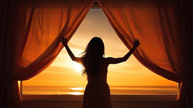 Woman opening curtains at sunrise symbolizing freedom and joy