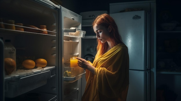 A woman opening a refrigerator door and looking into the fridge.