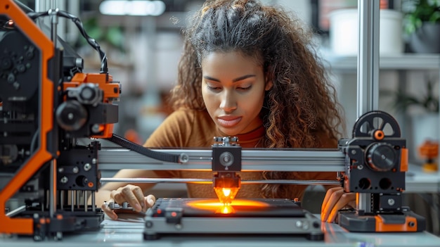 Woman Operating a 3D Printer in a Modern Workshop