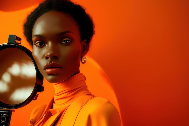 A woman in an orange background with a yellow background.