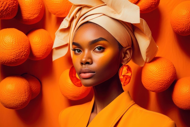 A woman in an orange background