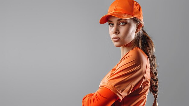 Photo a woman in an orange baseball cap and a red cap with her arms crossed