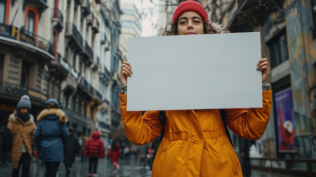 Photo the woman in an orange coat is holding up a large blank sign