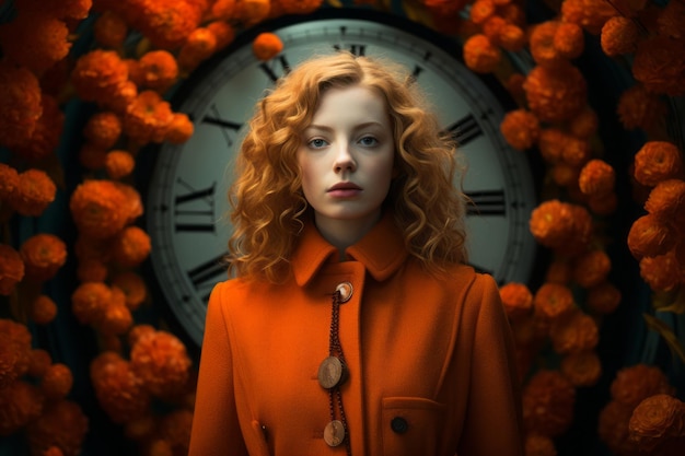 a woman in an orange coat is standing in front of a clock