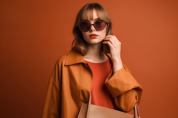 A woman in an orange coat and sunglasses holds a brown handbag.