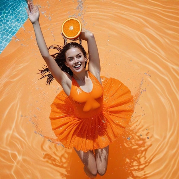 a woman in an orange dress is holding a bucket of water with her hands in the air