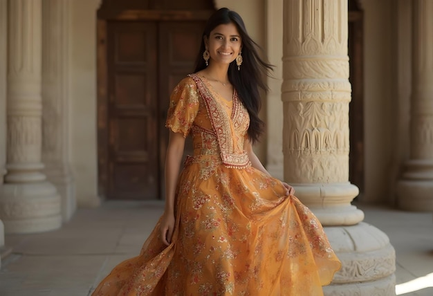 a woman in an orange dress is posing for a photo