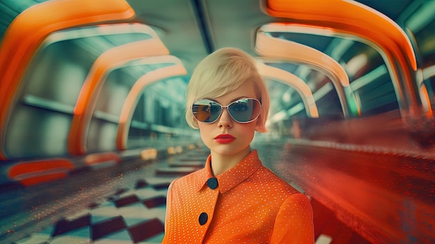 a woman in a orange dress is posing in a subway