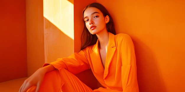 a woman in an orange dress is sitting in front of a bright orange wall