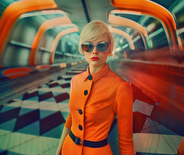 a woman in an orange dress is standing in a subway