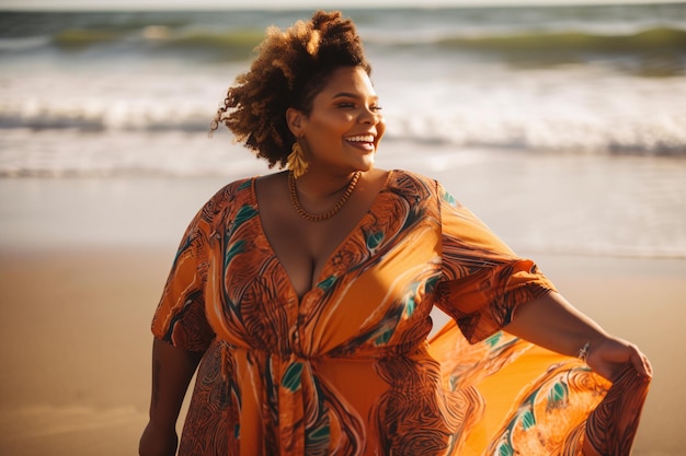 A woman in an orange dress stands on the beach in front of a body of water.