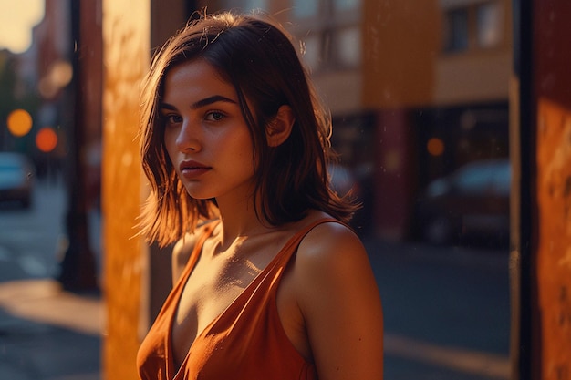 a woman in an orange dress stands on a street