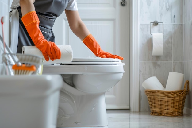 Woman in orange gloves cleaning toilet in modern bathroom open door paper roll and supplies nearby