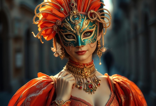 a woman in an orange and gold costume is holding a green and orange mask