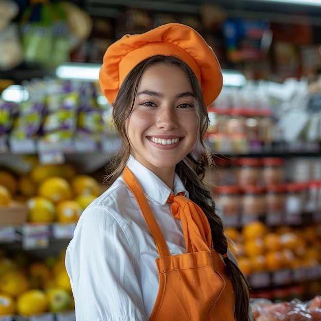 a woman in an orange hat stands in a store with other fruit