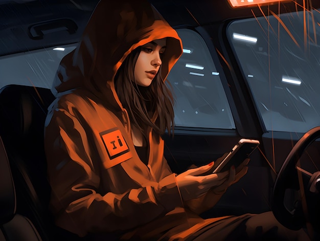 a woman in an orange hoodie is sitting in her car on the front seat of her phone