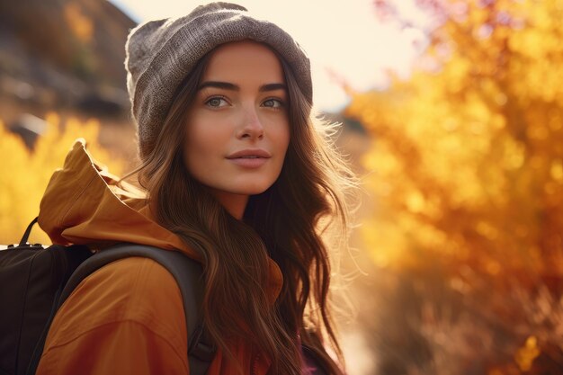 a woman in an orange jacket and a gray hat