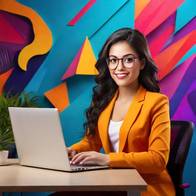 a woman in an orange jacket is using a laptop