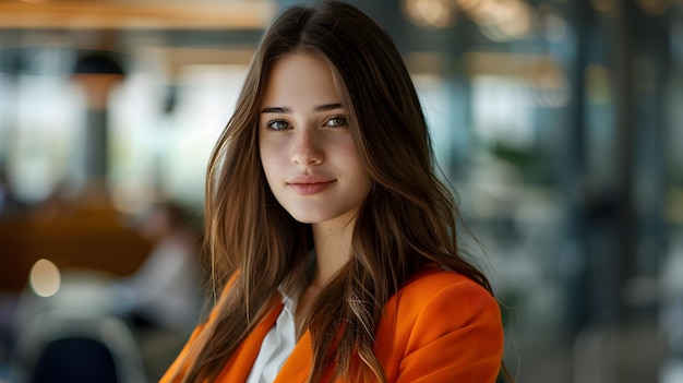 A woman in an orange jacket and white shirt is smiling for the camera