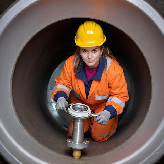 Photo woman in an orange jumpsuit is holding a metal pipe in a tunnel