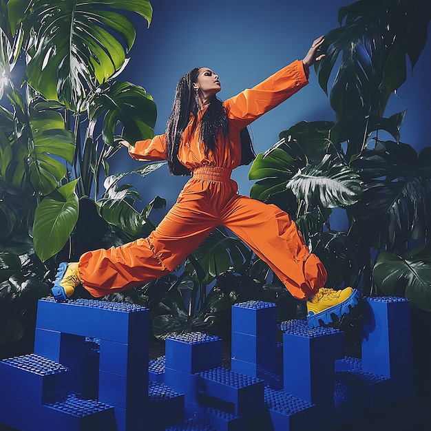 a woman in orange jumpsuit is jumping over blue cubes