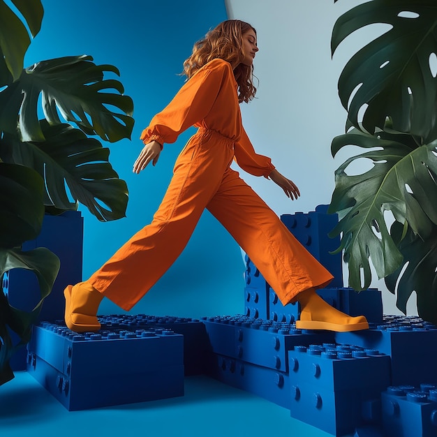 a woman in orange jumpsuit is standing on a blue block